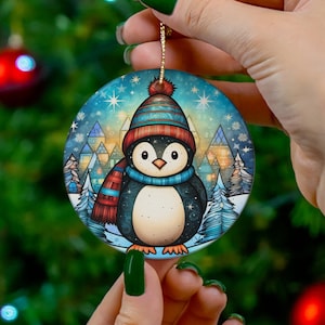 Christmas Penguin Ornament, 2023 Christmas Decoration, Holiday Gift Idea, Heirloom Keepsake, Round Ceramic, Gift Exchange, Xmas Tree