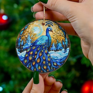 Christmas Peacock Ornament, 2023 Christmas Bird Decoration, Holiday Gift Idea, Heirloom Keepsake, Round Ceramic, Gift Exchange, Xmas Tree