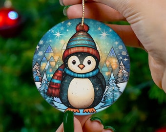 Christmas Penguin Ornament, 2023 Christmas Decoration, Holiday Gift Idea, Heirloom Keepsake, Round Ceramic, Gift Exchange, Xmas Tree