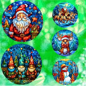 Round Christmas Sublimation Designs, Stained Glass Retro Christmas Round Ornament 2023, door hanger, 5 Sublimation PNGs image 1