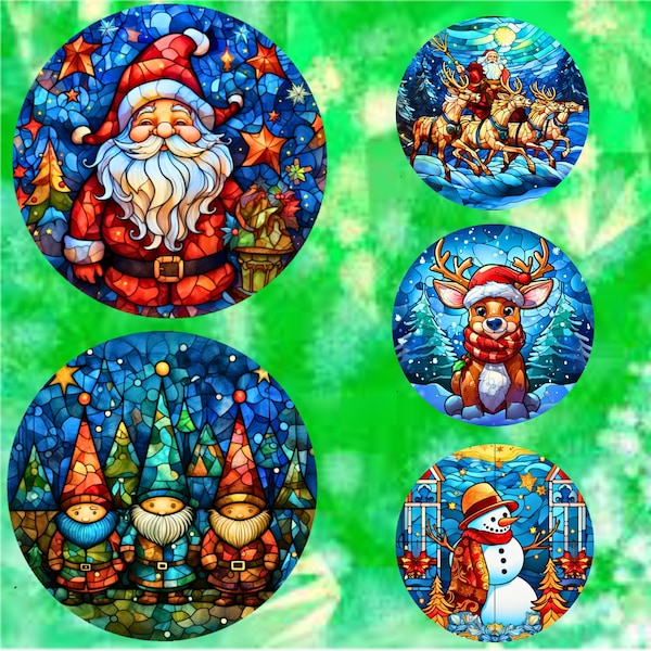 Round Christmas Sublimation Designs, Stained Glass Retro Christmas Round Ornament 2023, door hanger, 5 Sublimation PNGs