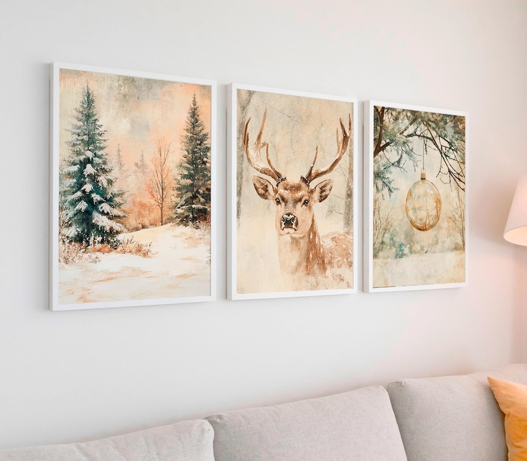 Vintage Christmas Wall Art Set: Winter Deer & Tree Prints (digital ...