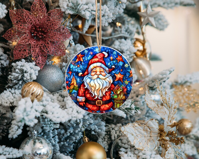 Round Christmas Sublimation Designs, Stained Glass Retro Christmas Round Ornament 2023, door hanger, 5 Sublimation PNGs image 3