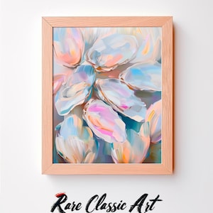 May include: A framed abstract painting depicting a cluster of iridescent seashells in shades of blue, pink, and white. The shells are painted in a loose, expressive style, creating a sense of movement and texture.