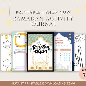 May include: Printable Ramadan activity journal for children aged 6+. The journal includes pages for writing, colouring, and a daily planner. The cover features a mosque with the text "Ramadan Kareem".