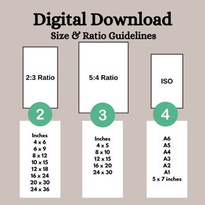 May include: A chart with five columns, each representing a different size and ratio for digital downloads. The columns are labeled "3:4 Ratio", "2:3 Ratio", "5:4 Ratio", "ISO", and "Other". Each column lists different size options in inches, with the "ISO" column listing standard paper sizes like A6, A5, A4, A3, A2, A1, and 5 x 7 inches.