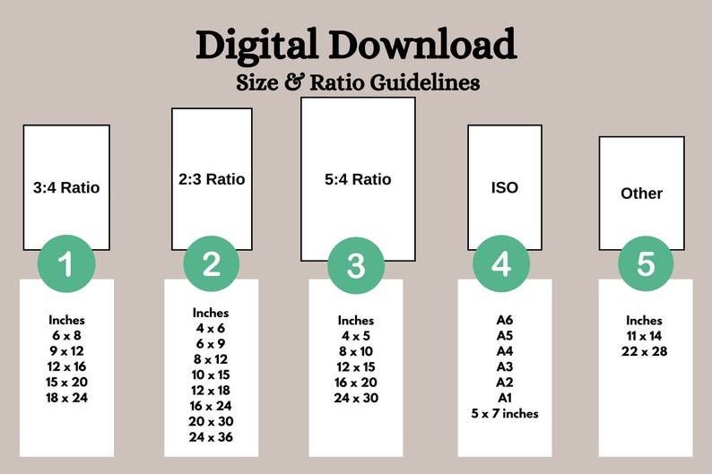 May include: A chart with five columns, each representing a different size and ratio for digital downloads. The columns are labeled "3:4 Ratio", "2:3 Ratio", "5:4 Ratio", "ISO", and "Other". Each column lists different size options in inches, with the "ISO" column listing standard paper sizes like A6, A5, A4, A3, A2, A1, and 5 x 7 inches.