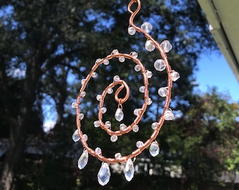 Whimsical Spiral Wire Wrapped Suncatcher - Clear Crystal - Copper - Handmade - Beautiful