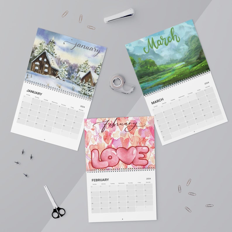 Watercolor 2024 Calendar 2024 Yearly Calendar Seasonal Etsy