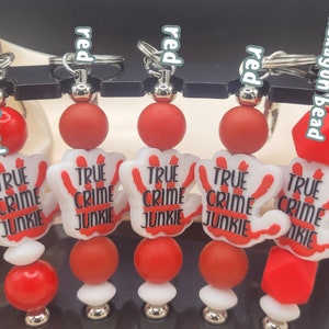 True Crime Junkie Keychain: Silicone Beaded Wristlet Bag Tag