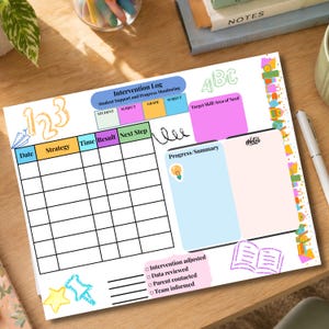 May include: A white intervention log with colorful accents for student support and progress monitoring. The log includes sections for dates, strategies, and results, with areas for progress summaries and notes. The design incorporates playful illustrations and text.