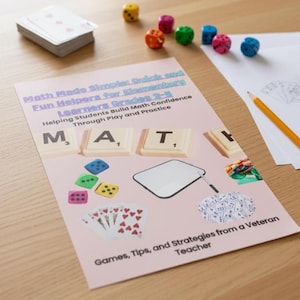 May include: A pink educational poster with the text "Math Made Simple" and "Fun Helpers for Elementary Learners Grades 2-5". The image includes dice, playing cards, and Scrabble tiles spelling "MAT".