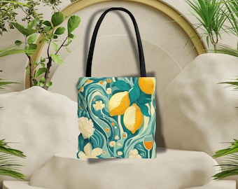 Italian Summer Tote Bag, Cute Beach Bag, Canvas Tote for Her, Trendy Mediterranean Style, Lemon Floral Tote Bag, Eco-Friendly Shopping Bag,