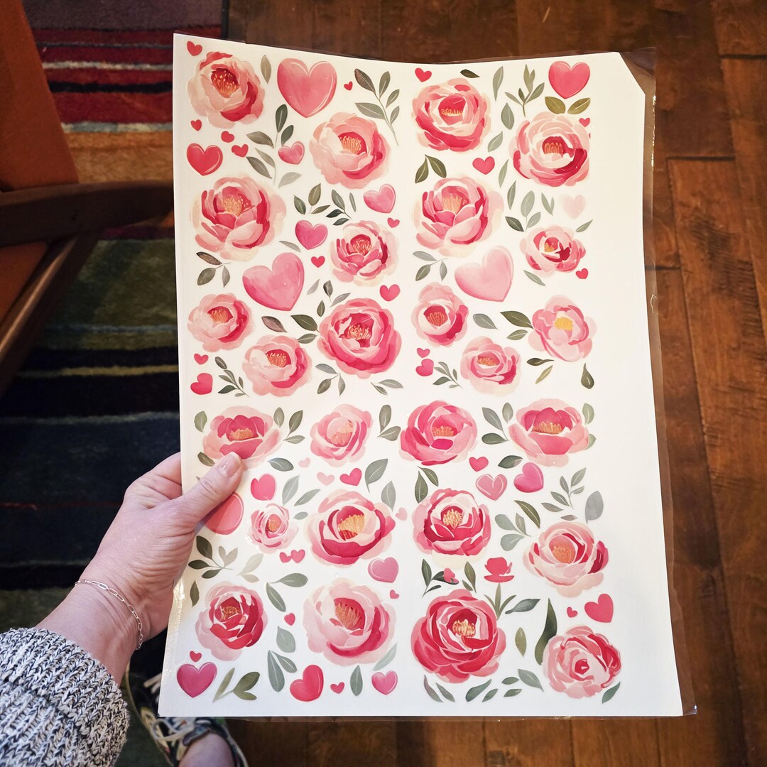 Hand Painted Peonies and Hearts UV DTF Gang Sheet Stickers, Flower ...