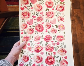 Hand Painted Peonies and Hearts UV DTF Gang Sheet Stickers, Flower Decals, Peony Decals, Printed Stickers, UV Printed Decals, Peony Sticker