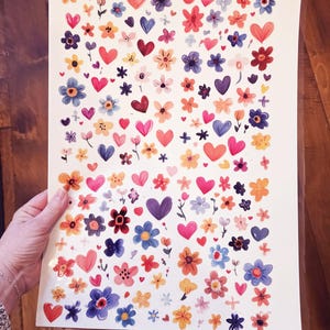 Hand Painted Wildflowers and Hearts UV DTF Gang Sheet Stickers, Flower Decals, Wildflower Decals, Printed Stickers, UV Printed Decals