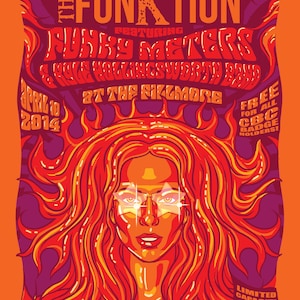 May include: A retro-style poster advertising a concert featuring "Funky Meters & Kyle Hollingsworth Band" at The Fillmore on April 10, 2014. The poster features a woman with long red hair and sunglasses, set against a fiery background. The text "The Funktion" is written in large, bold letters at the top of the poster.