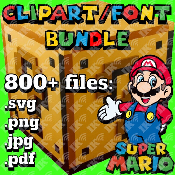 Super Mario Clipart and Font Files Bundle - SVG, PNG - Cricut, Luigi, Yoshi, Princess Peach - Mario Bros Font