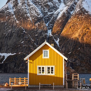 Yellow Lone Snowy Mountain Print, snowy mountain and water photo, yellow house norway print, hygge wall art, nordic wall art
