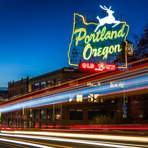 Portland Oregon Sign Print, Portland White Stag Photo, Iconic Portland Sign, Portland Neon Sign Print, Portland Neon Wall Art, Iconic Art