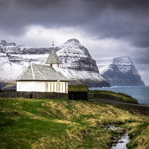 Viðareiði Church Print,  Viðareiði Kirja photo, Faroe Island Church, Faroe Islands Print, Beautiful Faroe Church, Nordic Church print