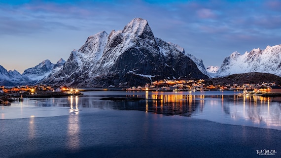 Lofoten Norway Print: Snowy Mountain Reflections, Nordic Wall Art