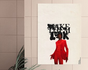 May include: A black and white graphic design poster with the text "MAKE THEM LOOK" in bold, block letters. A person wearing a red suit stands in front of the text.