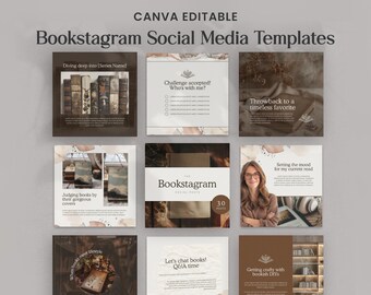 May include: Nine Instagram post templates for bookstagram featuring a brown and white color scheme with text overlays. The templates include text such as "Diving deep into [Series Name]" and "Challenge accepted! Who's with me?" and "Throwback to a timeless favorite".