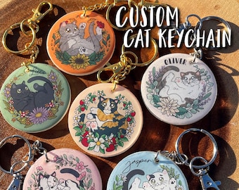 Custom Cat Keychains with Flowers, Personalized Cat Gift, Cute Cat Keychain, Cat Lover Gift, Cat Memorial Gift, Cartoon Cat, Chibi Cat