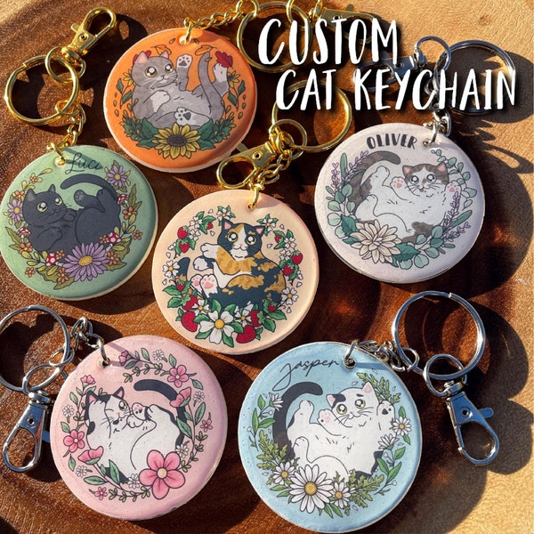 Personalized Cat Keychain with Flowers: Custom Pet Portrait Gift