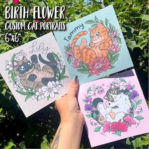 Birth Flower Personalized Cat Portrait, Custom Cat Gift, Cute Pet Portrait, Cat Lover Gift, Cat Memorial Gift, Cartoon, Personalized Gifts