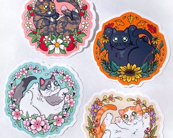 Cute Cat Floral Stickers, Glossy Vinyl Decals, Cat Lover Gift