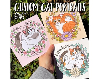 Può includere: Tre ritratti di gatti personalizzati, ognuno con una razza di gatto diversa in una ghirlanda di fiori. I ritratti misurano 15,24 cm per 15,24 cm e sono stampati su carta di alta qualità.