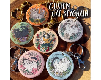 Personalized Cat Keychain with Flowers: Custom Pet Portrait Gift