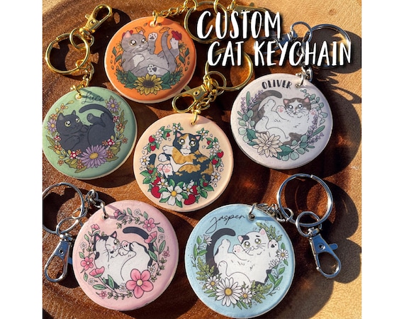 Personalized Cat Keychain with Flowers: Custom Pet Portrait Gift