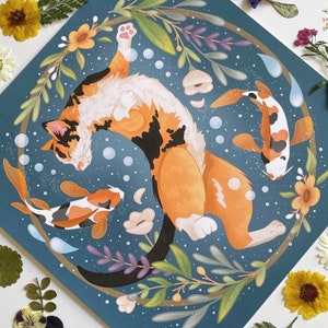 Calico Cat and Koi Fish Art Print: Floral Pisces Wall Decor 8x8
