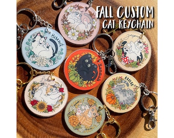 Halloween Personalized Cat Keychains, Custom Cat Gift, Cute Cat Keychain, Cat Lover Gift, Cat Memorial Gift, Fall, Pumpkins and Mushrooms