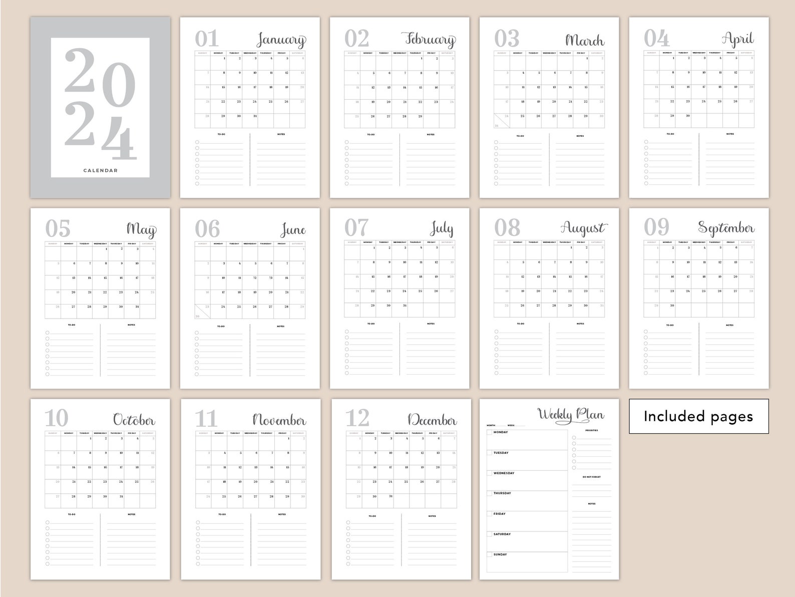 2024 Wall Calendar Simple Black and White Weekly Planner Etsy