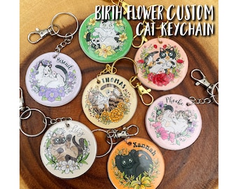 Birth Flower Cat Keychain: Custom Pet Portrait, Personalized Cat Memorial Gift
