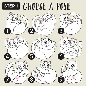 May include: Nine different poses of a white cat with pink accents. The cat is in various positions, including sitting, lying down, and curled up. The poses are numbered 1 through 9.