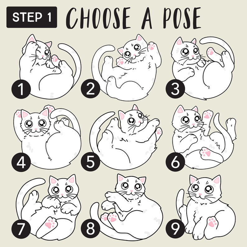 May include: Nine different poses of a white cat with pink accents. The cat is in various positions, including sitting, lying down, and curled up. The poses are numbered 1 through 9.