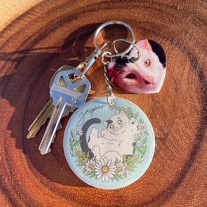 May include: A silver key chain with a cat photo charm and a round charm with a cartoon cat, flowers, and the word "Jasper" on a blue background.