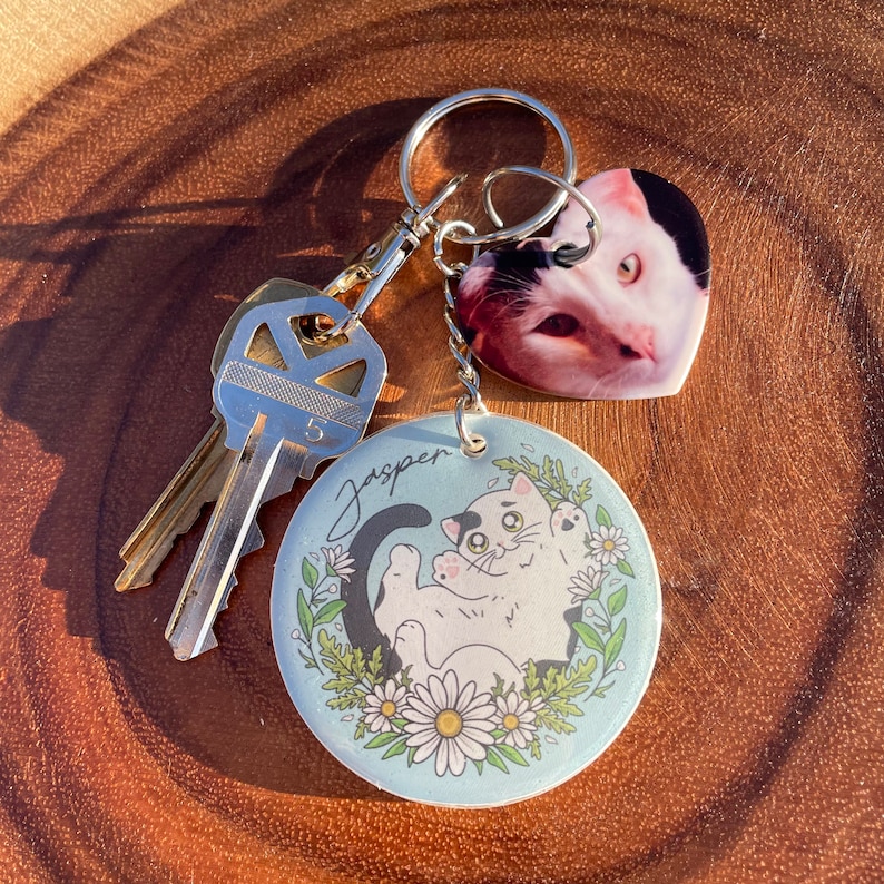 May include: A silver key chain with a cat photo charm and a round charm with a cartoon cat, flowers, and the word "Jasper" on a blue background.