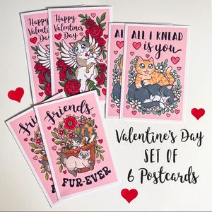 Cute Cat Valentine's Day Card, Gifts for her, Galentine's Day Card, Valentine's Day Postcard, Postcards for friends, BUNDLE, Set of 6