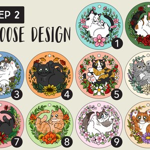 May include: Ten different designs for round ornaments featuring cats in various poses surrounded by flowers. The designs include a black cat, a calico cat, a gray cat, and an orange tabby cat. Each design is numbered 1 through 10.