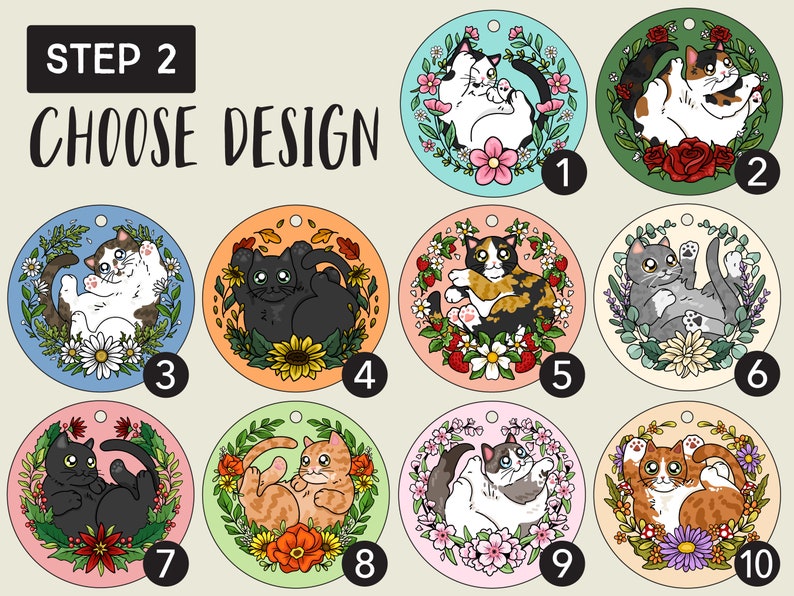 May include: Ten different designs for round ornaments featuring cats in various poses surrounded by flowers. The designs include a black cat, a calico cat, a gray cat, and an orange tabby cat. Each design is numbered 1 through 10.