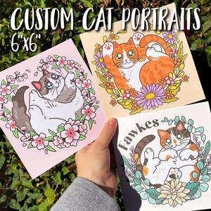 Custom Cat Portrait with Flowers, Personalized Cat Gift, Cute Pet Portrait, Cat Lover Gift, Cat Memorial Gift, Cartoon Cat, Chibi Cat