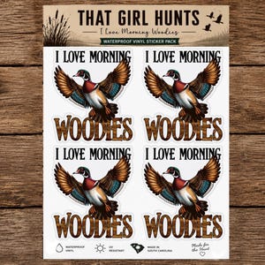 Foglio di adesivi "Morning Woodies" / Adesivi divertenti per la caccia alle anatre / Regalo per cacciatori di uccelli acquatici / Decalcomanie in vinile impermeabili / Adesivi per cacciatori di anatre