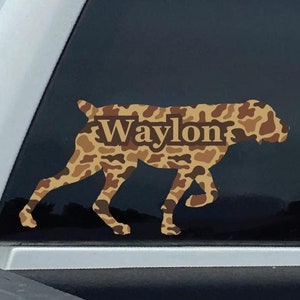 Custom Duck Camo Pointer Decal – Personalized Hunting Dog Sticker with Name – Upland Bird Hunting Vinyl Decal - Bird Dog Decal