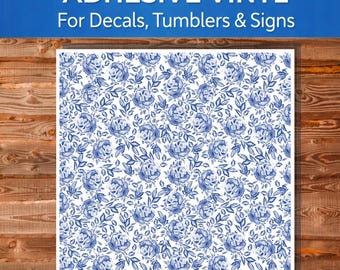 Blue Chinoiserie Floral Adhesive Vinyl Sheet | 3 mil Outdoor Gloss | Eco-Solvent Printed Craft Vinyl for Decals, Tumblers & Signs